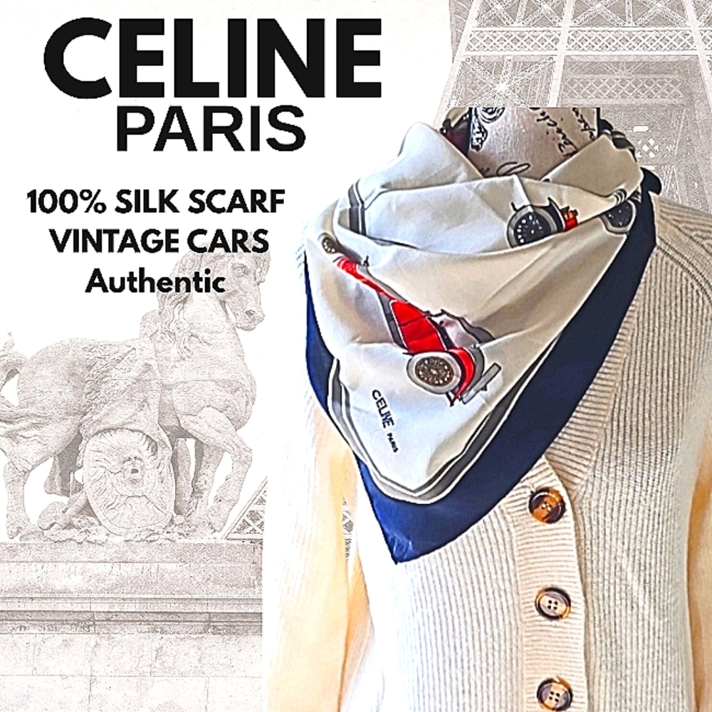 Celine Paris 100% Large Silk Scarf Vintage Cars Red White Blue Authentic